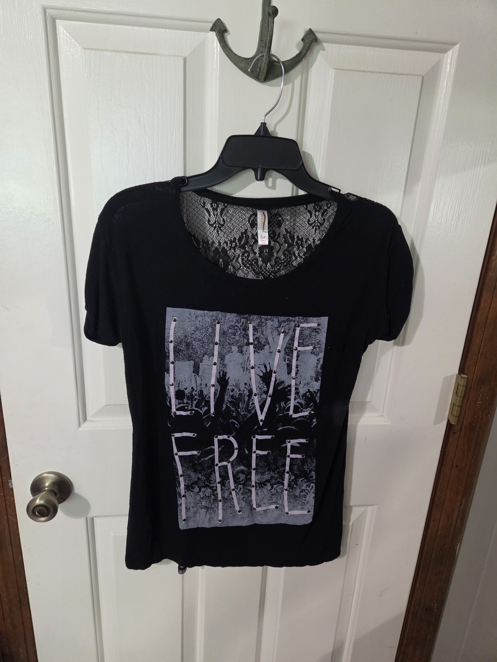 Xhilaration Black Graphic Tee with Lace Back Panel